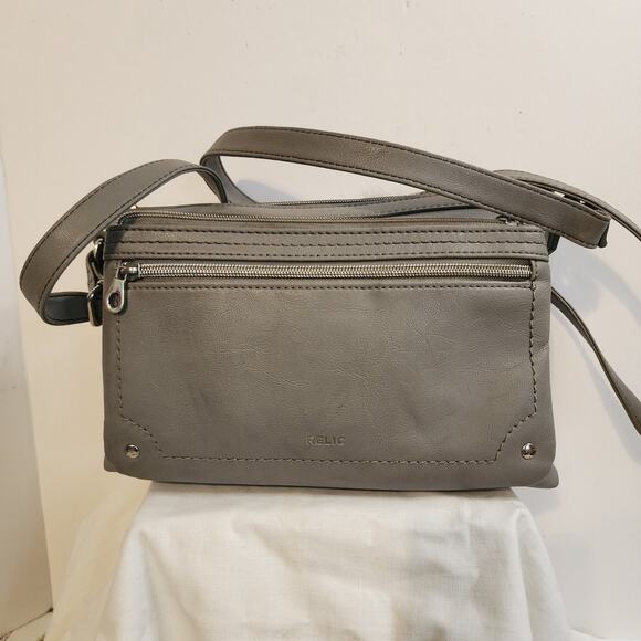 Relic Gray Crossbody Bag Faux Leather Zip Pockets Adjustable Strap 10x6 - Picture 1 of 11